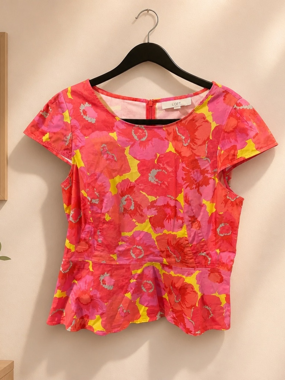 LOFT Bright Pink and Yellow Floral Peplum Top